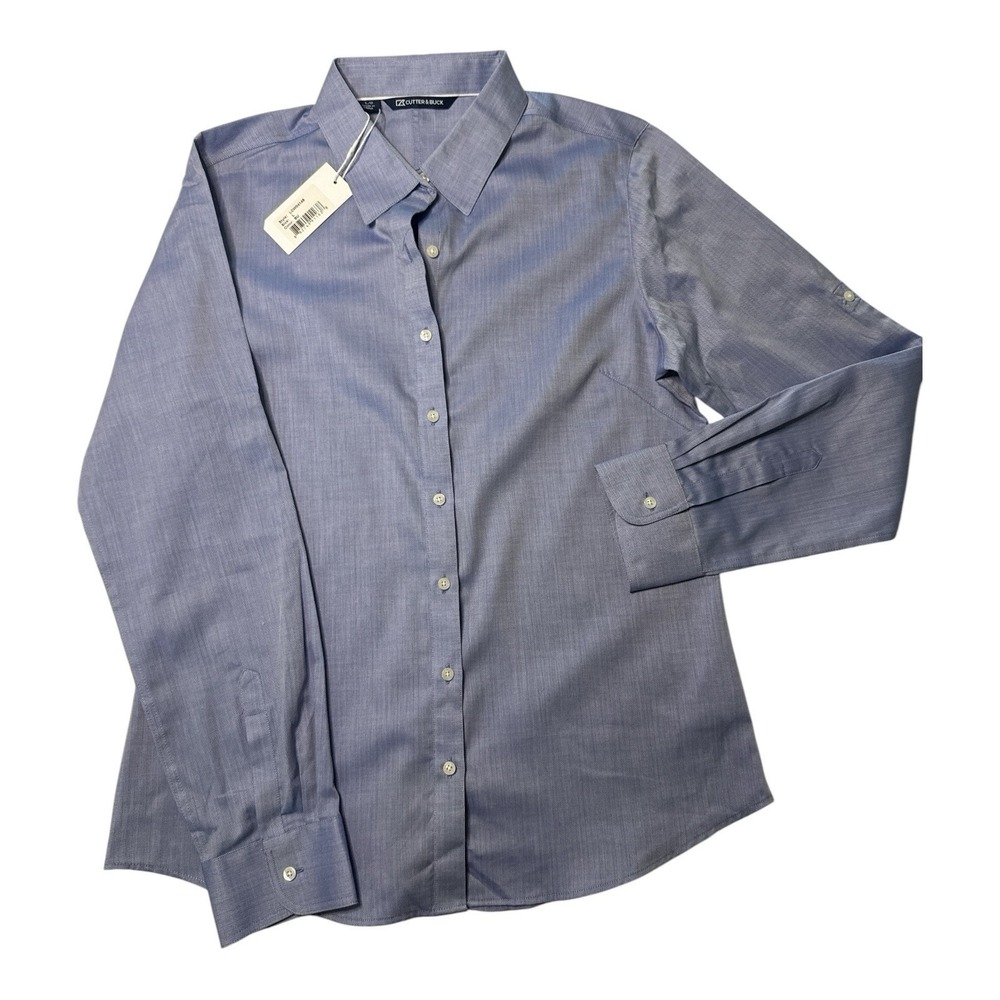 Cutter & Buck Epic Easy Care Mini Herringbone Shirt Women's L Blue LCW04149 NWT
